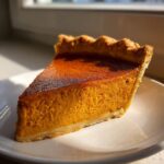 A close-up slice of rich, orange vegan pumpkin pie with a golden, crimped crust sitting on a white plate.