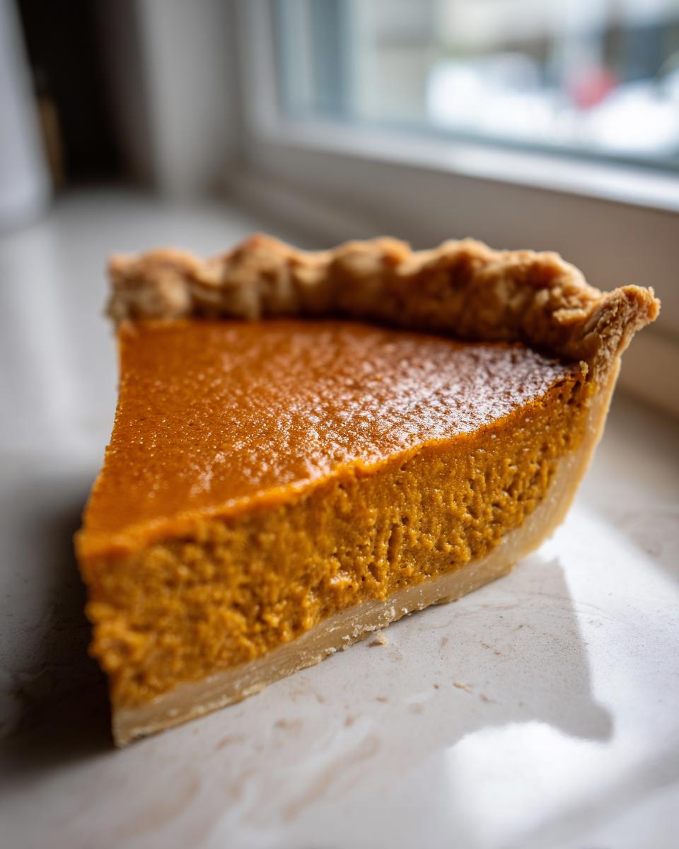 Close-up of a thick slice of vegan pumpkin pie showing the creamy orange filling and flaky crust.