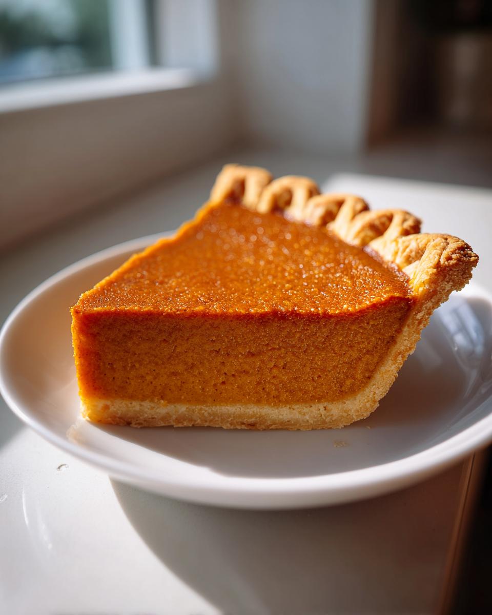 A close-up of a thick slice of vegan pumpkin pie with a golden crust, sitting on a white plate near a window.