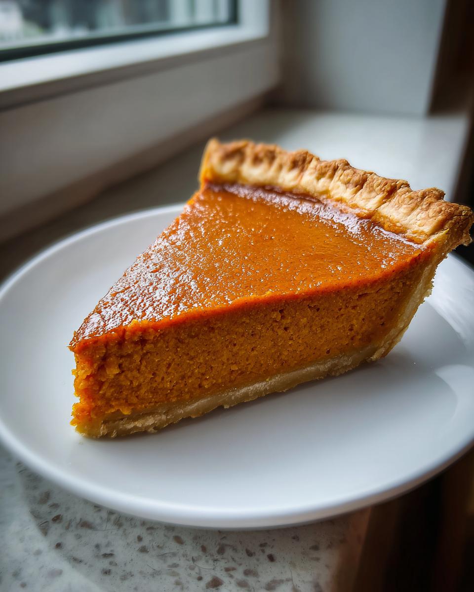 A close-up of a thick slice of rich orange vegan pumpkin pie on a white plate.