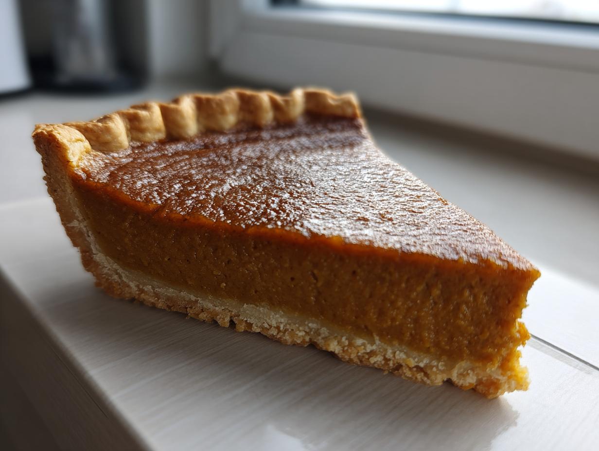 Close-up of a single slice of rich, orange vegan pumpkin pie showing the thick filling and fluted crust.