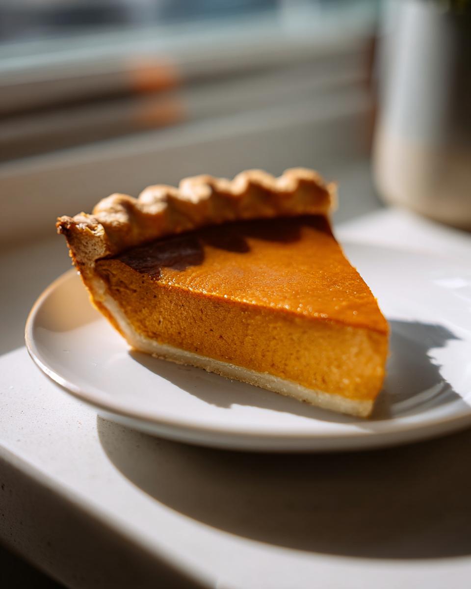 A perfect slice of orange vegan pumpkin pie with a crimped crust sitting on a white plate.
