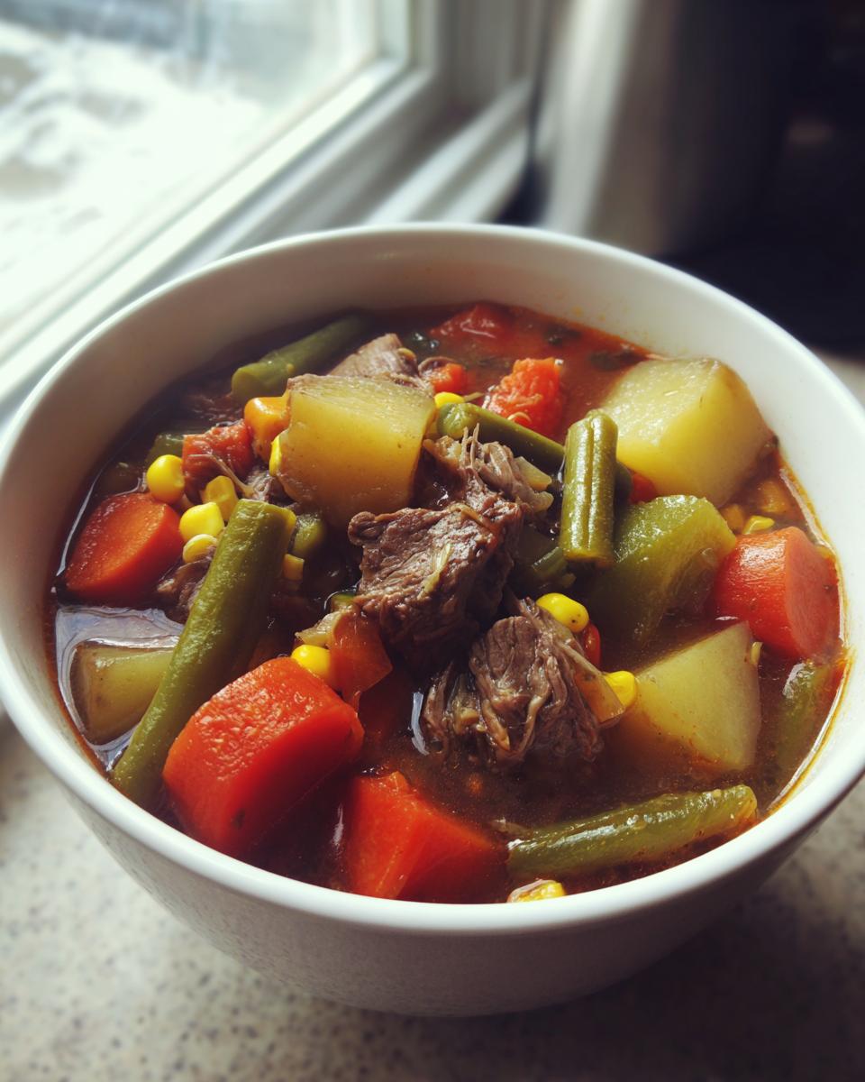 Close-up of a white bowl filled with hearty vegetable beef soup, showing chunks of beef, carrots, potatoes, and green beans.