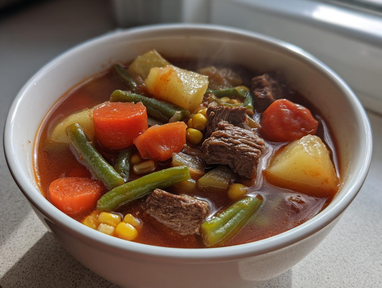 Close-up of a steaming white bowl filled with hearty vegetable beef soup featuring chunks of beef, carrots, potatoes, and green beans.