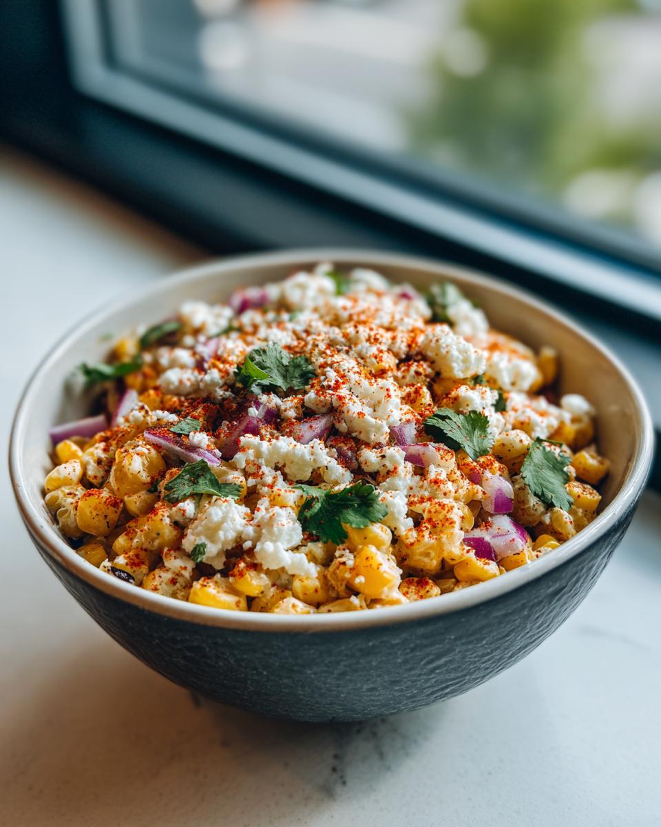 Close-up of a bowl filled with vibrant street corn salad topped with cotija cheese, red onion, and chili powder.