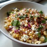 A close-up view of a vibrant street corn salad featuring charred corn, crumbled white cheese, red onion, cilantro, and chili powder.