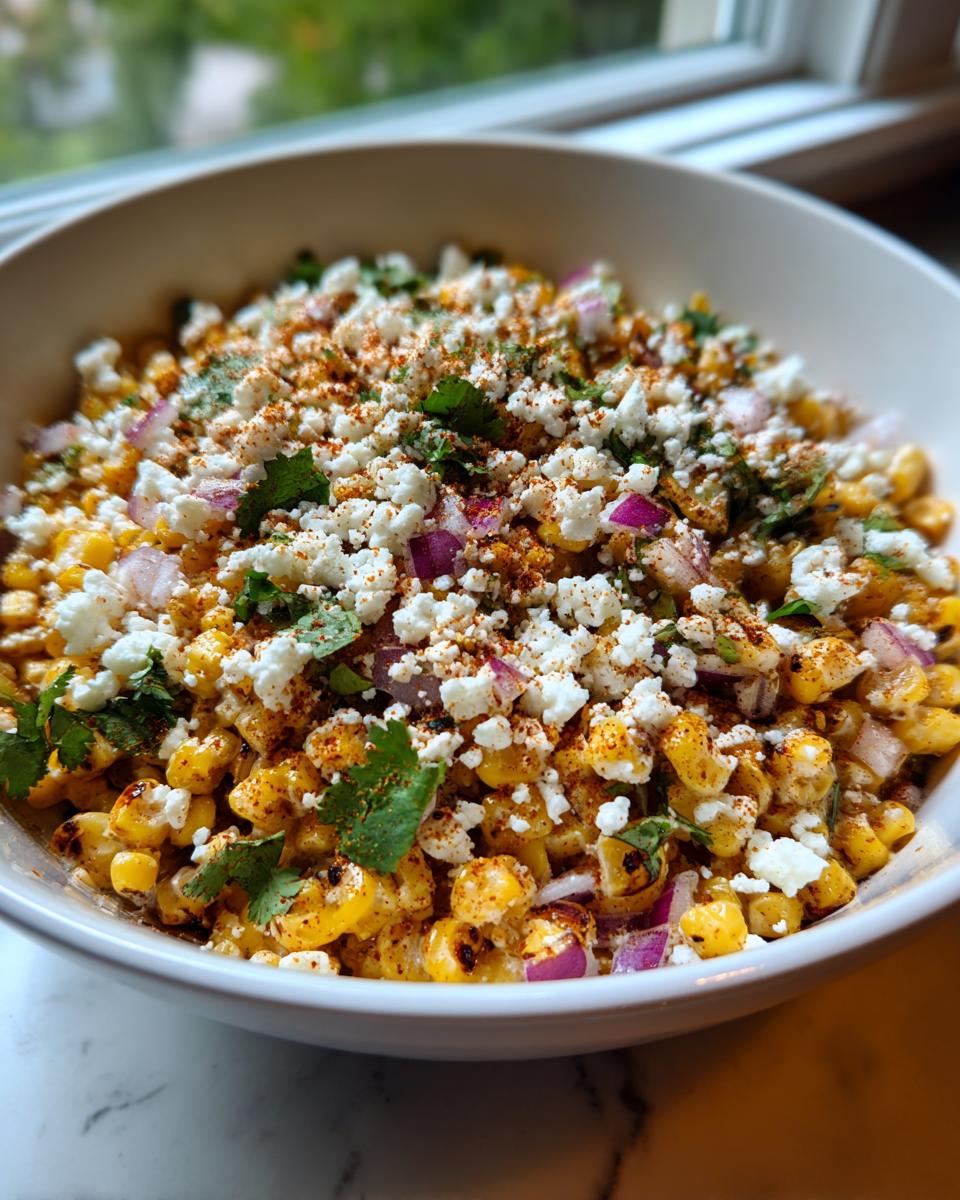 A white bowl filled with vibrant street corn salad featuring charred corn, crumbled white cheese, red onion, and chili powder.