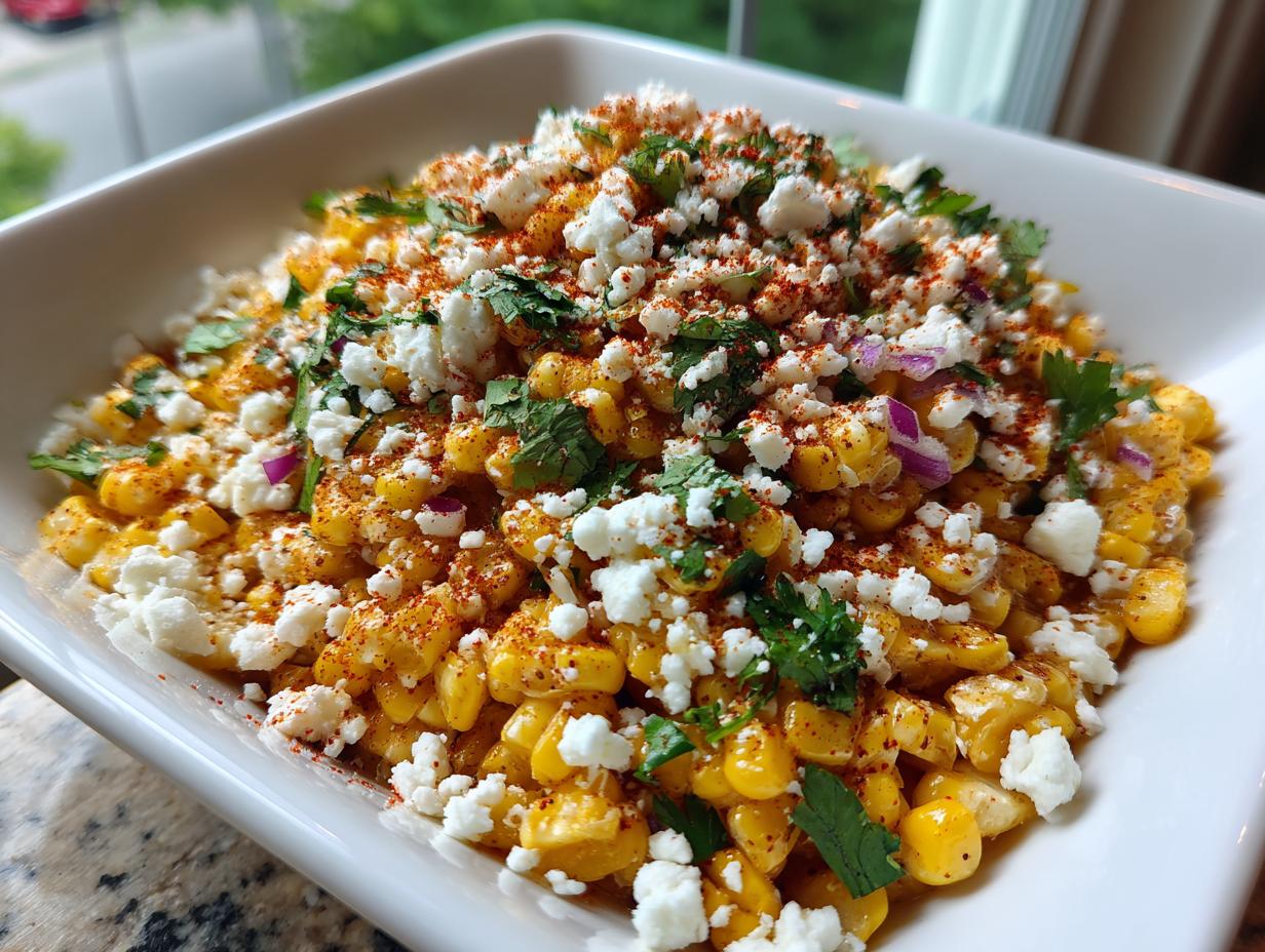 A vibrant serving of street corn salad featuring yellow corn kernels topped with crumbled white cheese, fresh cilantro, and chili powder.