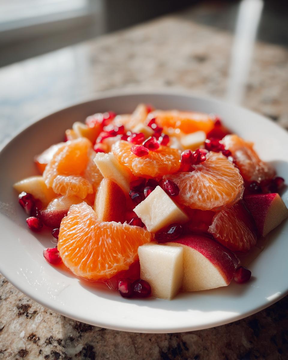 Close-up of a vibrant winter fruit salad featuring mandarin segments, diced apples, and bright red pomegranate seeds.