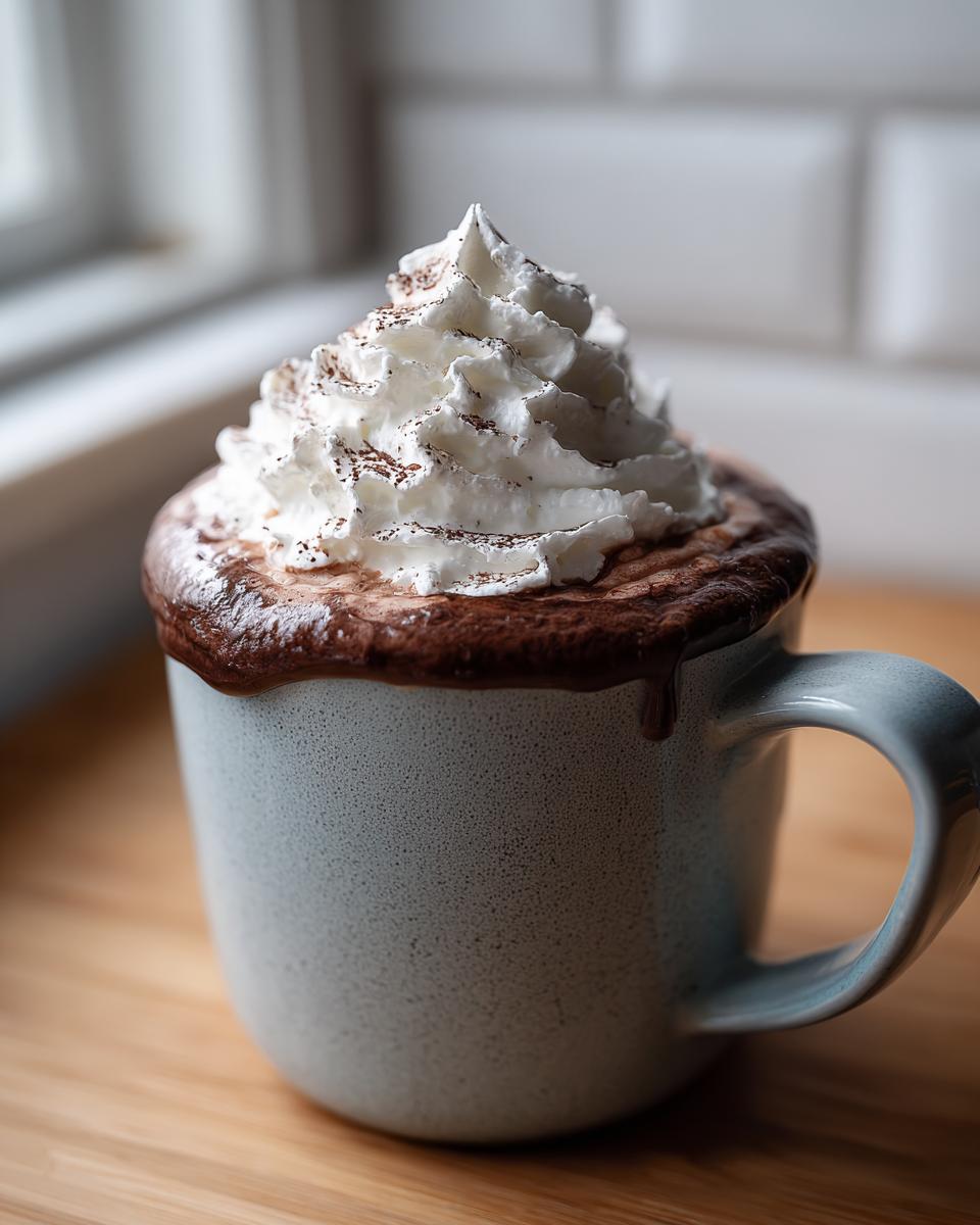 A close-up of rich whipped hot chocolate topped with a swirl of whipped cream and cocoa powder.