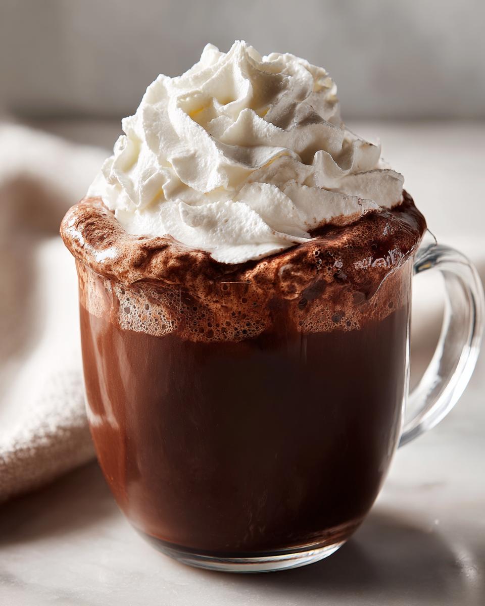 Close-up of rich, dark whipped hot chocolate topped with a generous swirl of white whipped cream.