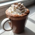 A close-up of rich whipped hot chocolate topped with a swirl of whipped cream and cocoa powder.