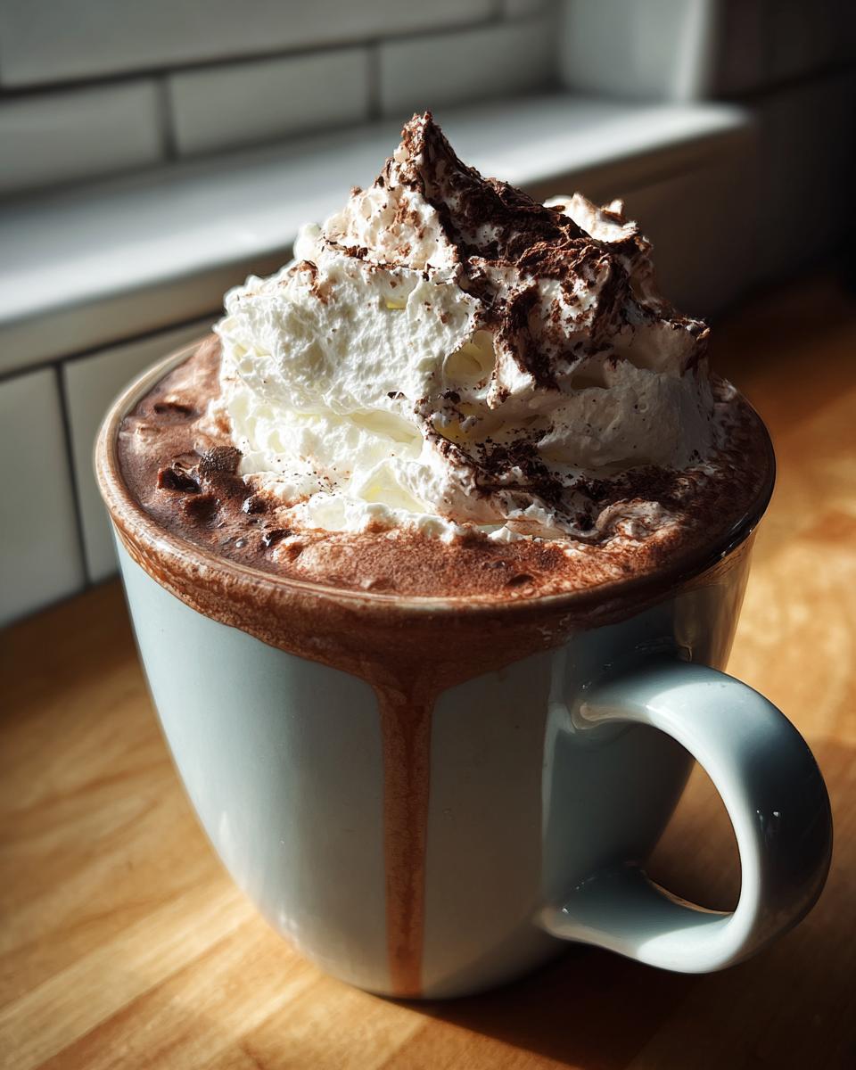 Close-up of a mug filled with rich whipped hot chocolate topped high with whipped cream and cocoa powder.