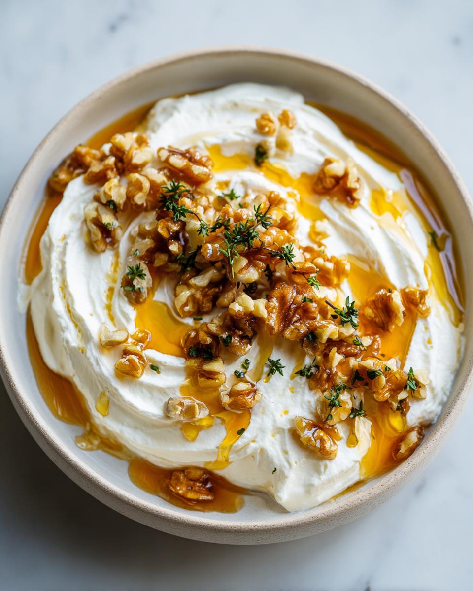 Close-up of a creamy whipped ricotta dip topped with honey, candied walnuts, and fresh thyme.