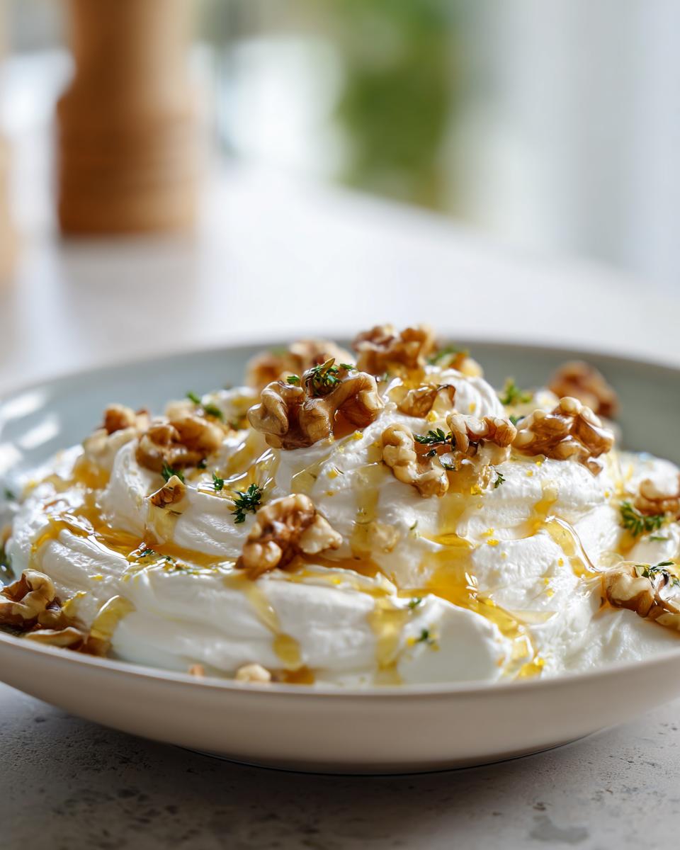 A bowl of fluffy whipped ricotta dip topped with walnuts, honey drizzle, and fresh thyme.