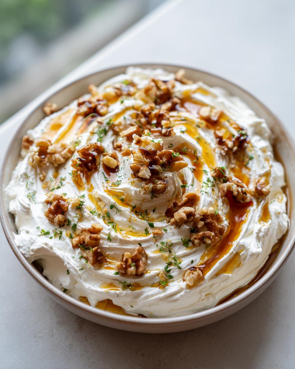 A close-up of a bowl filled with creamy whipped ricotta dip, drizzled with honey and topped with walnuts.