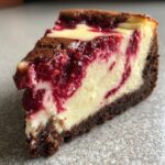 Close-up of a rich slice of white chocolate raspberry cheesecake showing the creamy filling, raspberry swirl, and dark crust.