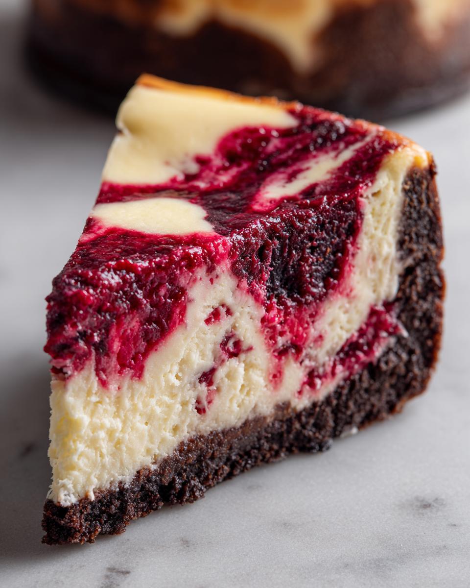 Close-up of a rich slice of white chocolate raspberry cheesecake featuring a dark crust and vibrant berry swirl.