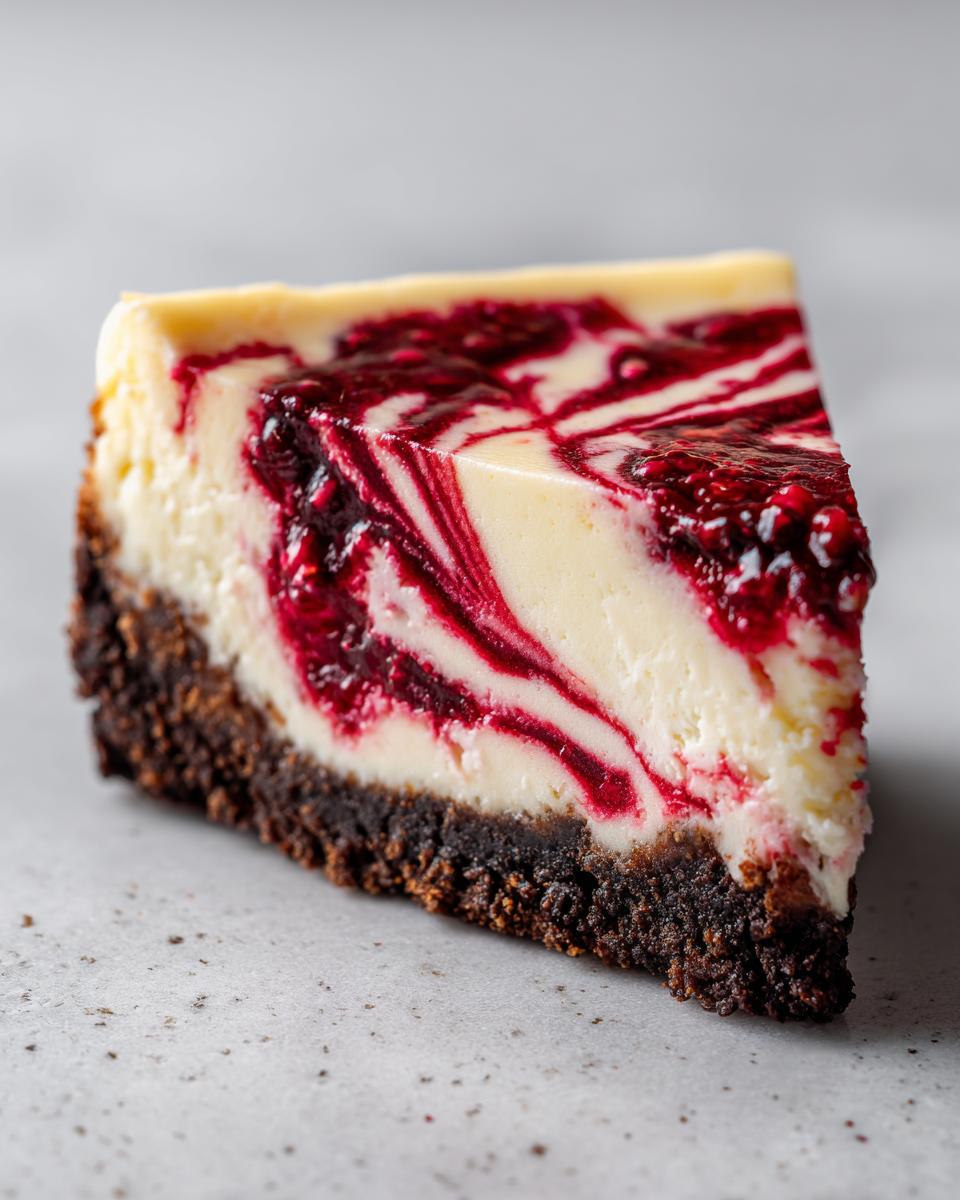 A close-up of a single slice of white chocolate raspberry cheesecake showing a thick dark crust and raspberry swirl.