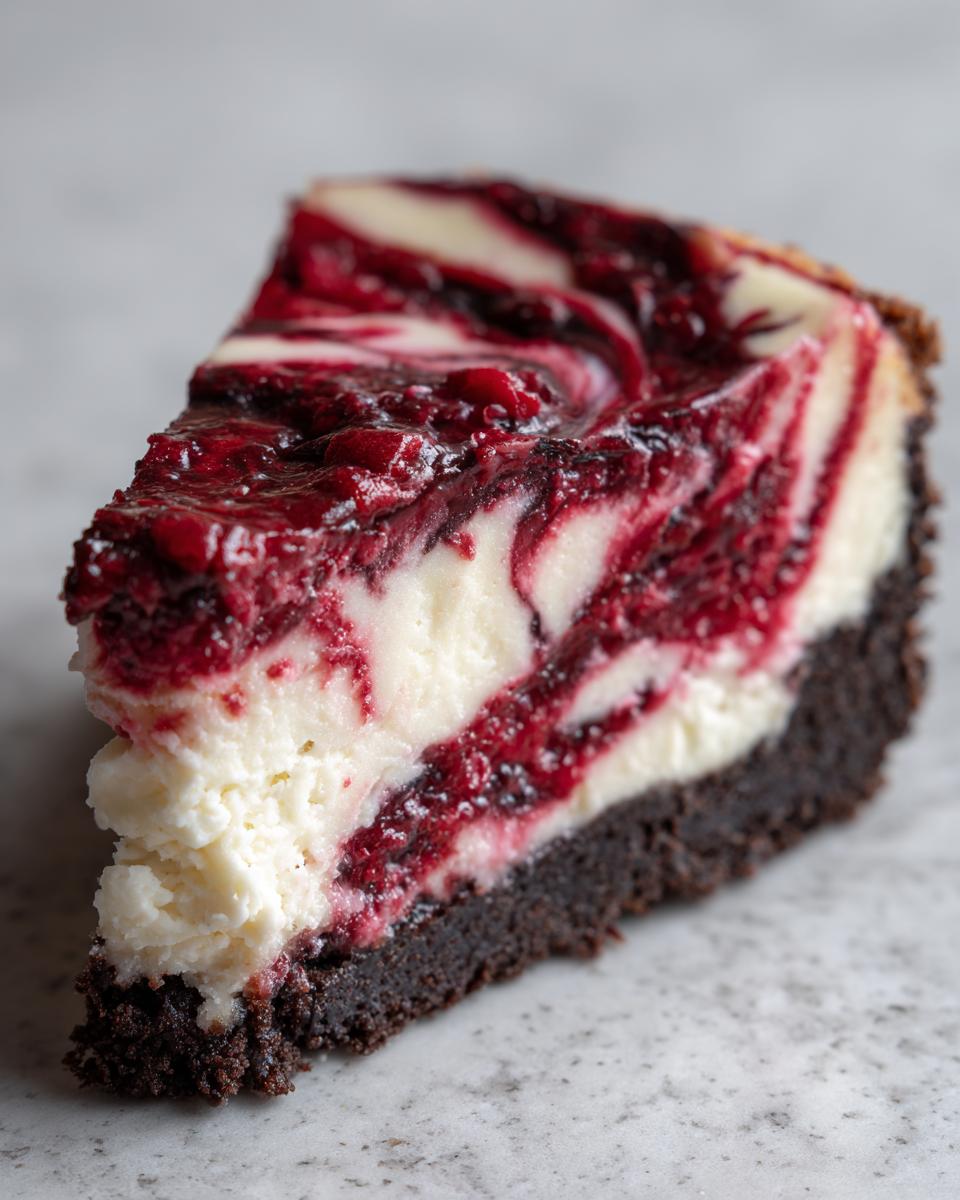 Close-up of a rich slice of white chocolate raspberry cheesecake with a dark crust and swirled topping.