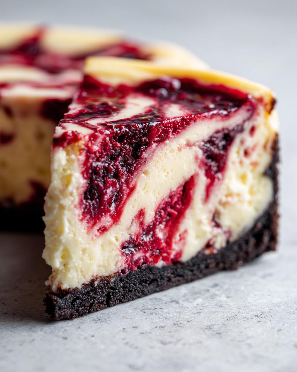 Close-up of a rich slice of white chocolate raspberry cheesecake showing creamy filling and dark crust.