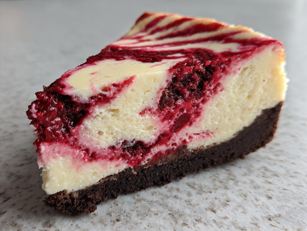 A close-up slice of white chocolate raspberry cheesecake featuring a rich, dark crust and vibrant raspberry swirls.