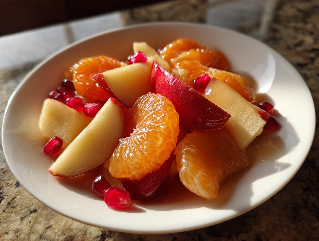 Close-up of a bright winter fruit salad featuring mandarin segments, apple slices, and pomegranate seeds in a light dressing.
