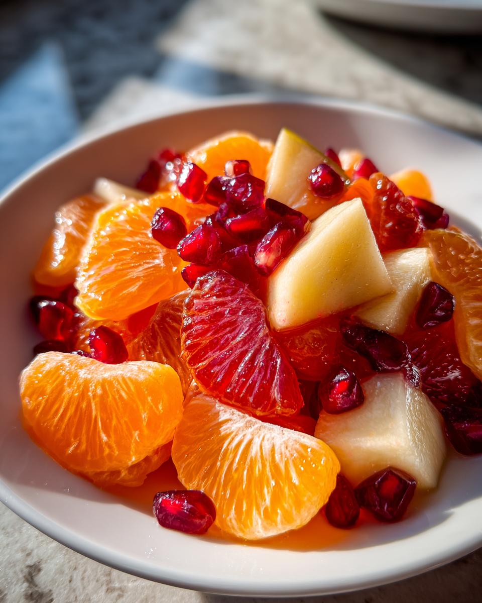 Close-up of a bright winter fruit salad featuring mandarin segments, diced pears, and ruby red pomegranate seeds.