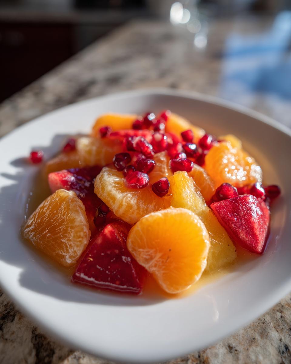Close-up of a vibrant winter fruit salad featuring mandarin segments and bright red pomegranate seeds.