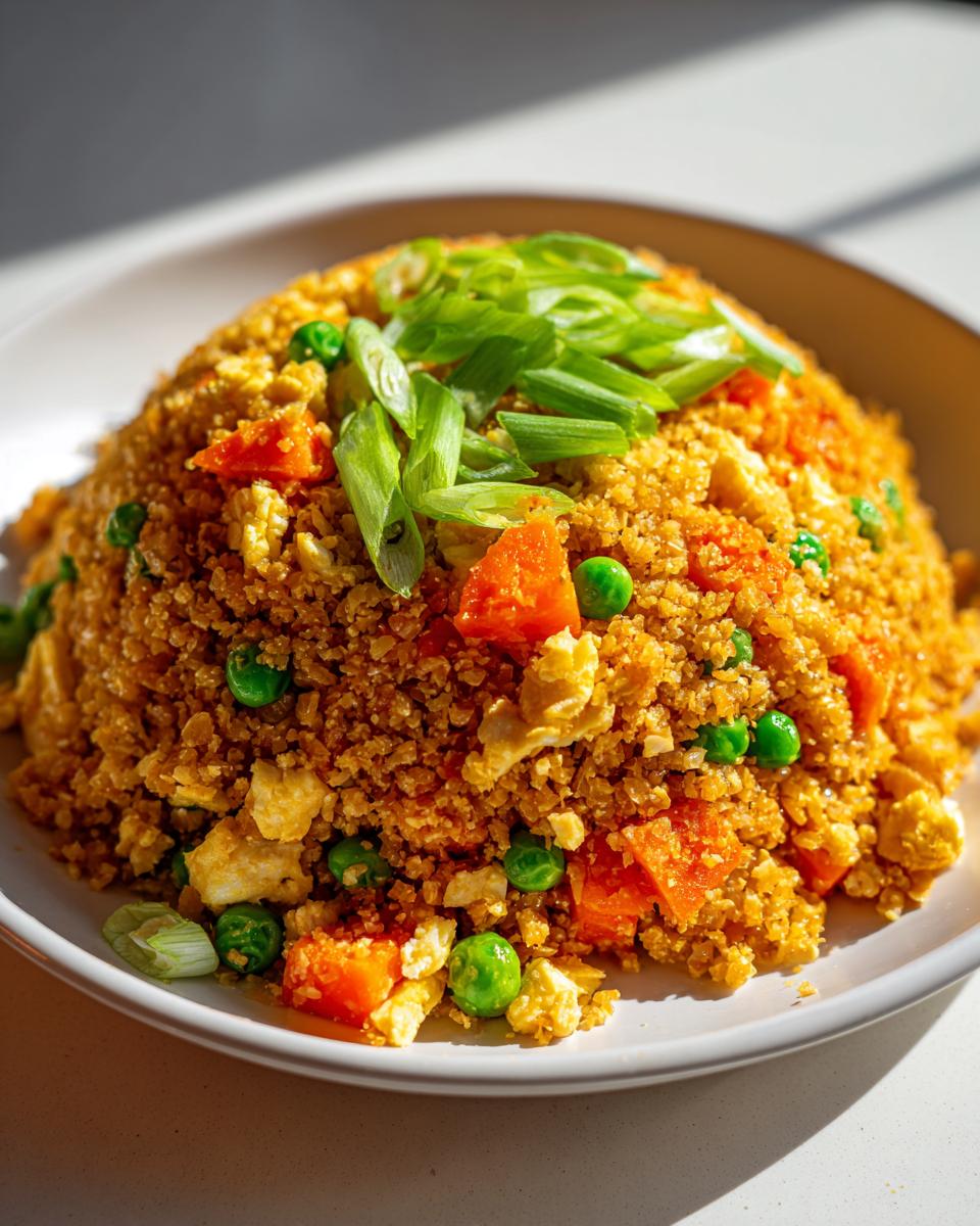 A mound of golden brown cauliflower rice mixed with scrambled egg, peas, and carrots, topped with sliced green onions.