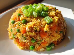 A close-up of a molded serving of savory cauliflower rice mixed with carrots, peas, and scrambled egg, topped with fresh green onions.