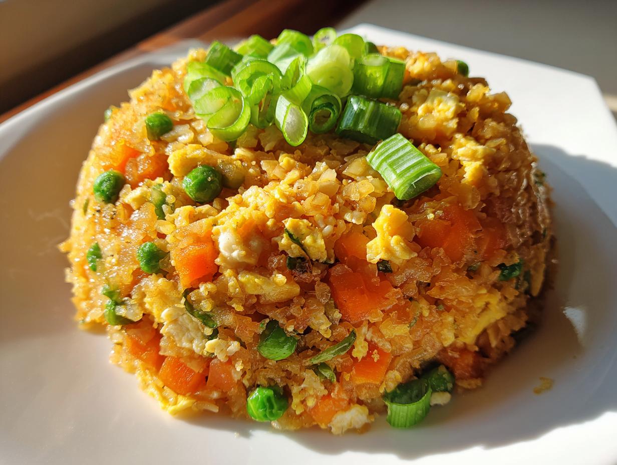 A close-up of a molded serving of savory cauliflower rice mixed with carrots, peas, and scrambled egg, topped with fresh green onions.
