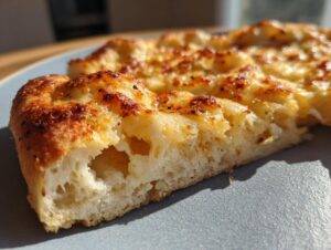 Close-up of the airy, cheesy interior of the amazing 4 ingredient keto pizza crust slice on a blue plate.