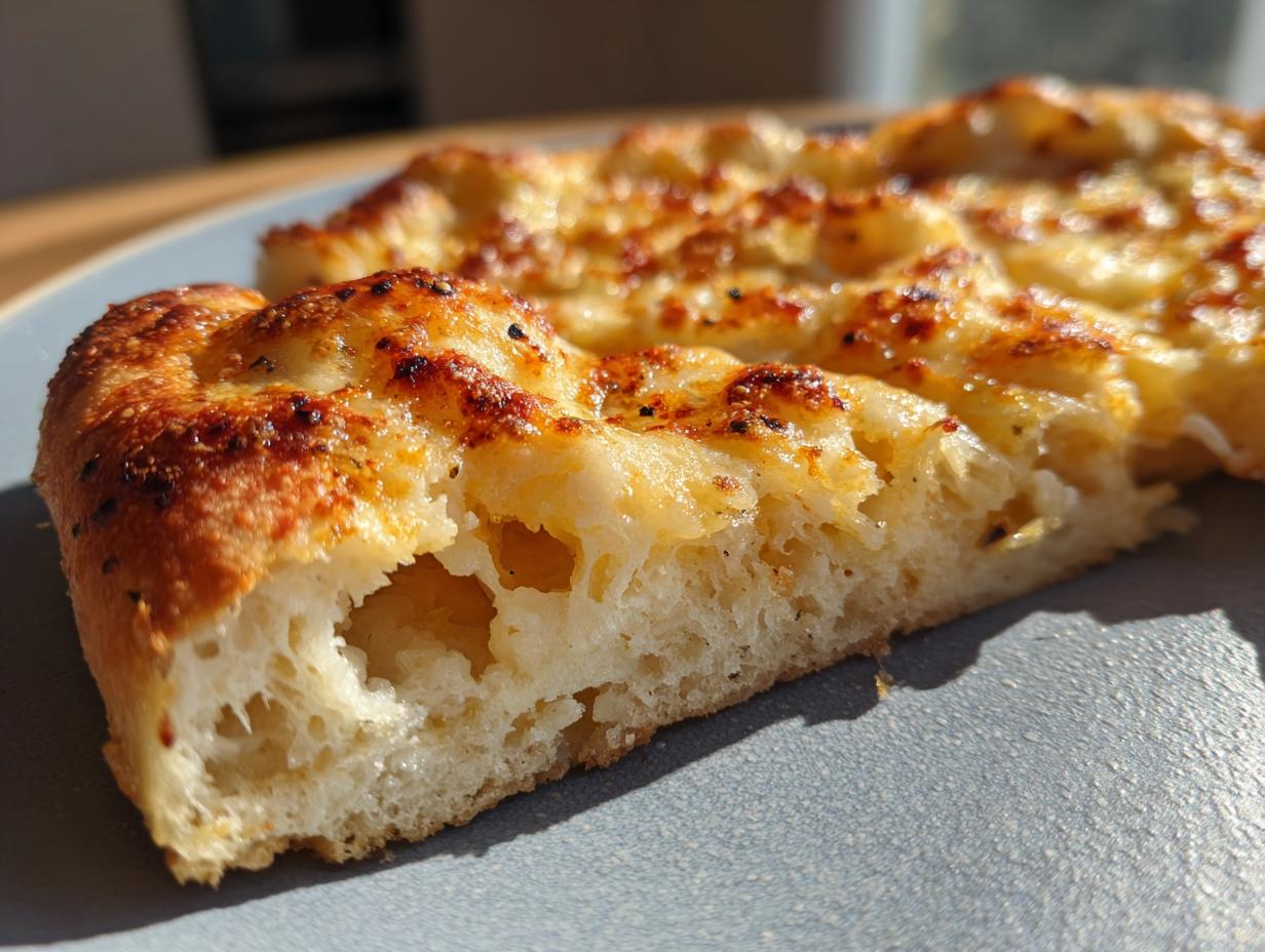 Close-up of the airy, cheesy interior of the amazing 4 ingredient keto pizza crust slice on a blue plate.