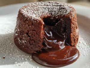 Close-up of a warm chocolate lava cake cut open, showing the rich, molten center flowing onto a white plate dusted with powdered sugar.