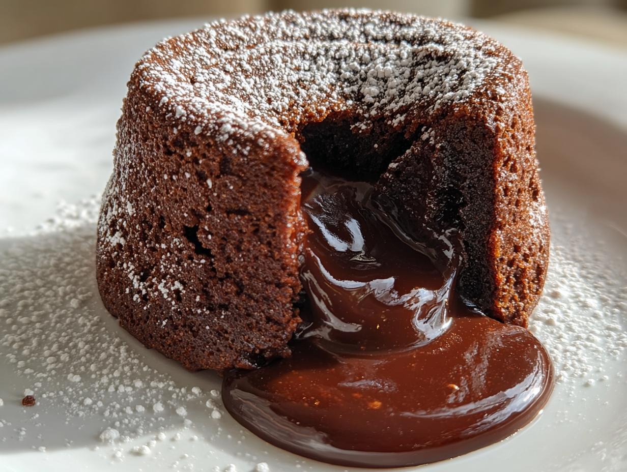 Close-up of a warm chocolate lava cake cut open, showing the rich, molten center flowing onto a white plate dusted with powdered sugar.