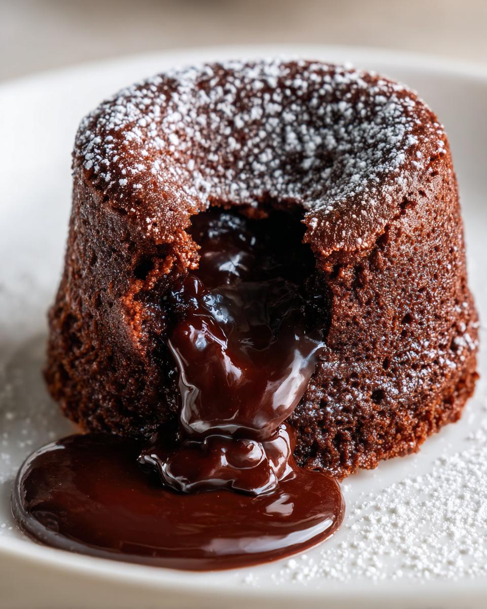 A close-up of a rich chocolate lava cake dusted with powdered sugar, showing the molten chocolate center oozing out.