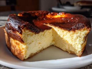 A close-up of a creamy Basque burnt cheesecake with a slice removed, showing the deeply caramelized top and light interior.