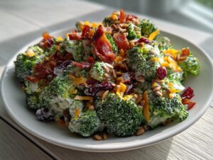 A close-up of a creamy broccoli salad topped with crispy bacon, sunflower seeds, dried cranberries, and shredded cheddar cheese.