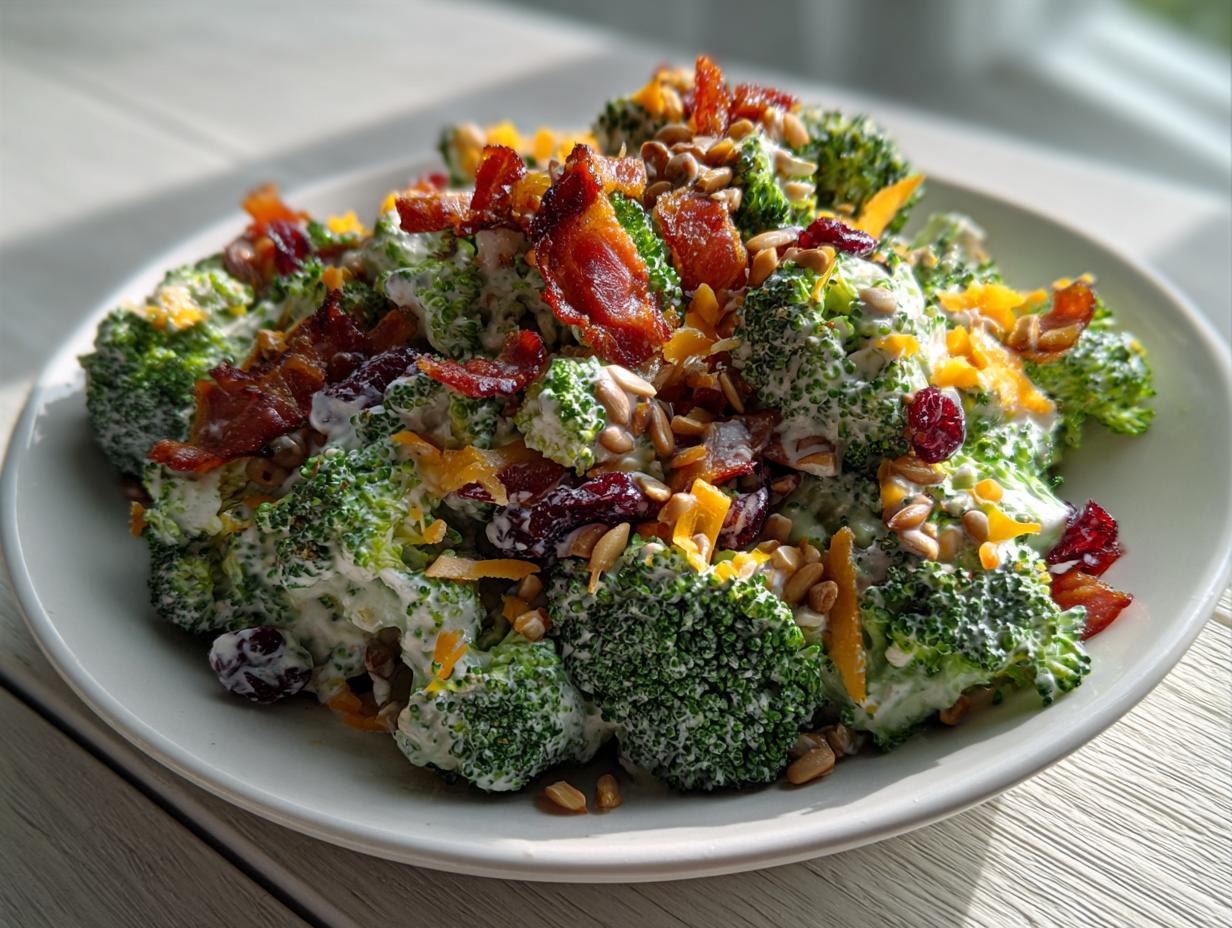 A close-up of a creamy broccoli salad topped with crispy bacon, sunflower seeds, dried cranberries, and shredded cheddar cheese.