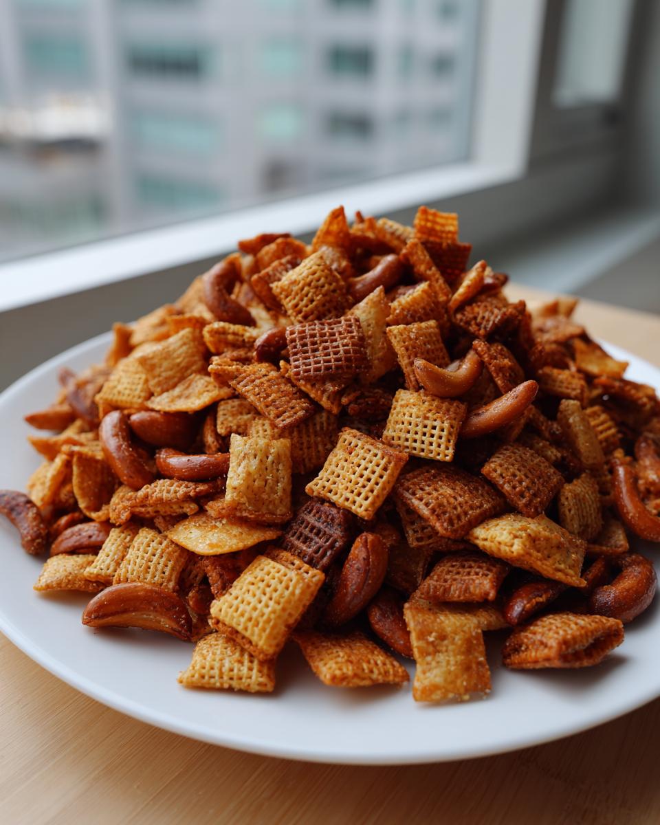A large pile of seasoned, crunchy chex party mix featuring cereal squares and nuts served on a white plate.