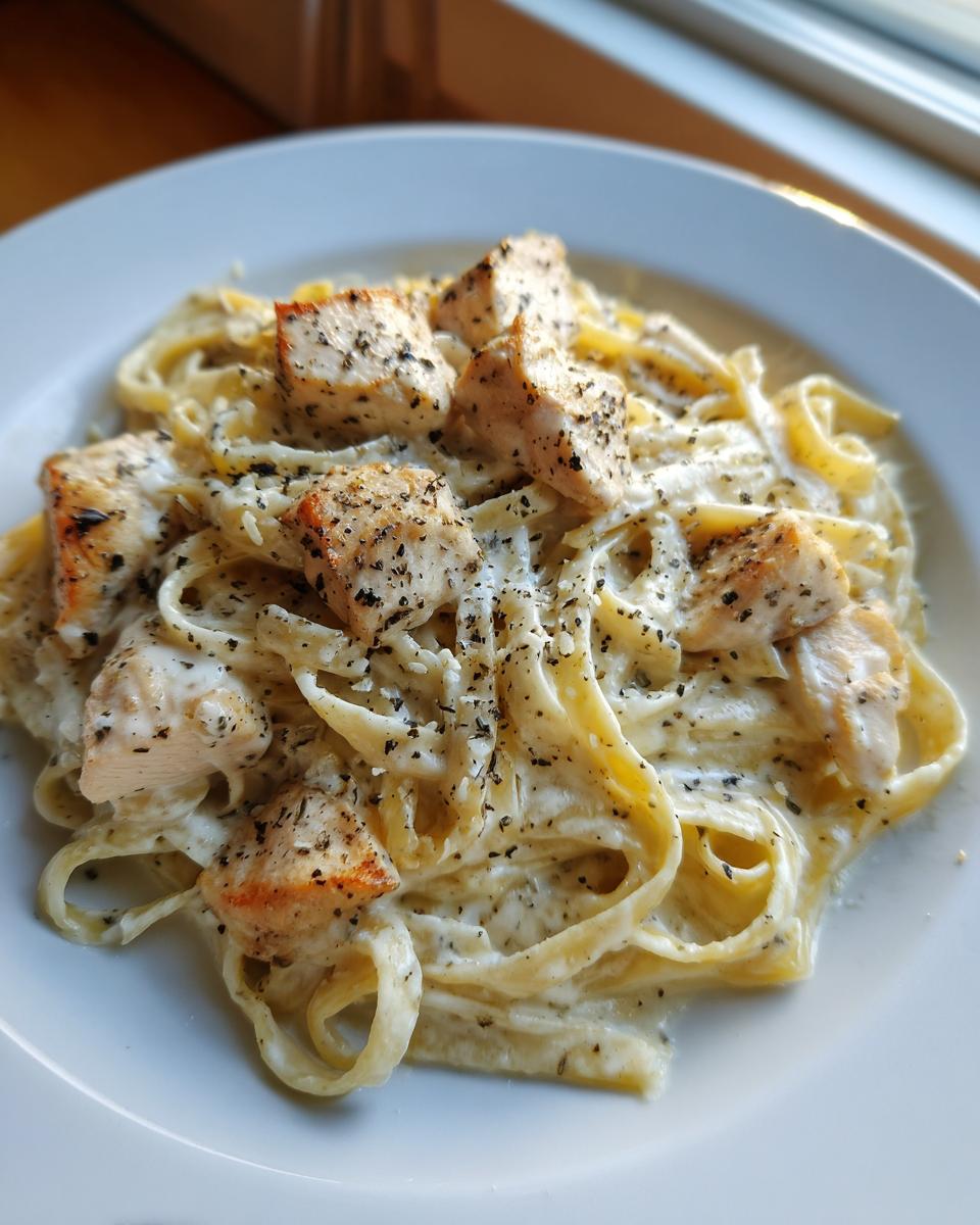 Close-up of creamy fettuccine chicken pasta topped with seasoned, cubed chicken breast.