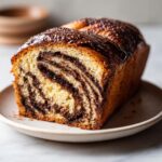 A freshly baked chocolate babka loaf showing beautiful dark chocolate swirls inside and a glossy chocolate topping.