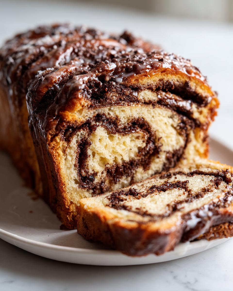 A loaf of amazing chocolate babka, sliced to show the rich chocolate swirl filling and shiny glaze topping.
