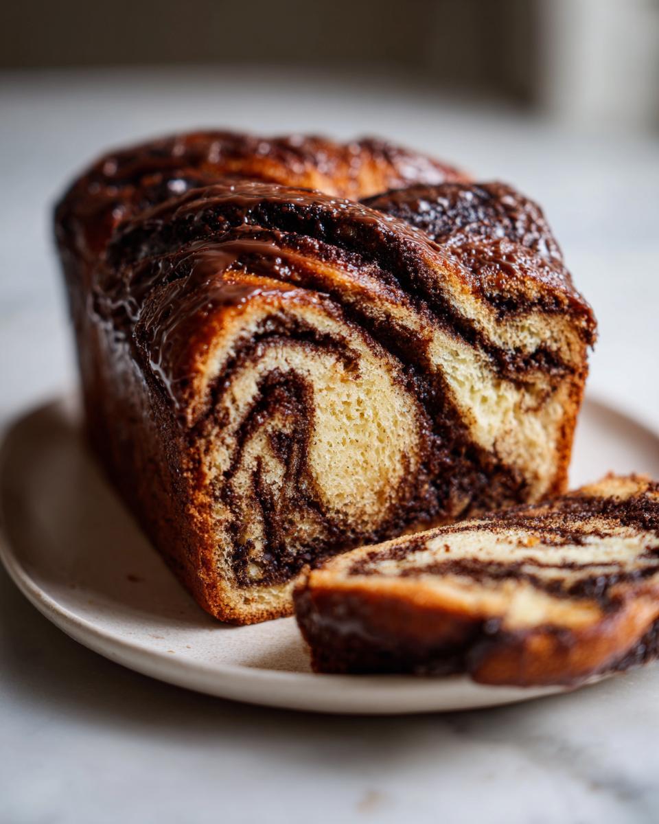 A freshly baked chocolate babka loaf, sliced to show the rich chocolate swirl pattern inside.