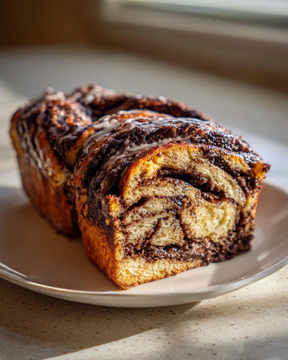 Close-up of a freshly baked chocolate babka loaf, showing rich chocolate swirls and a light sugar glaze.