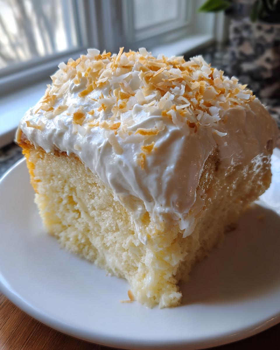 A moist slice of coconut poke cake topped with thick white frosting and toasted coconut flakes.