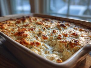 Close-up of a creamy, baked hot crab dip in a casserole dish with a bubbly, golden brown cheese crust.