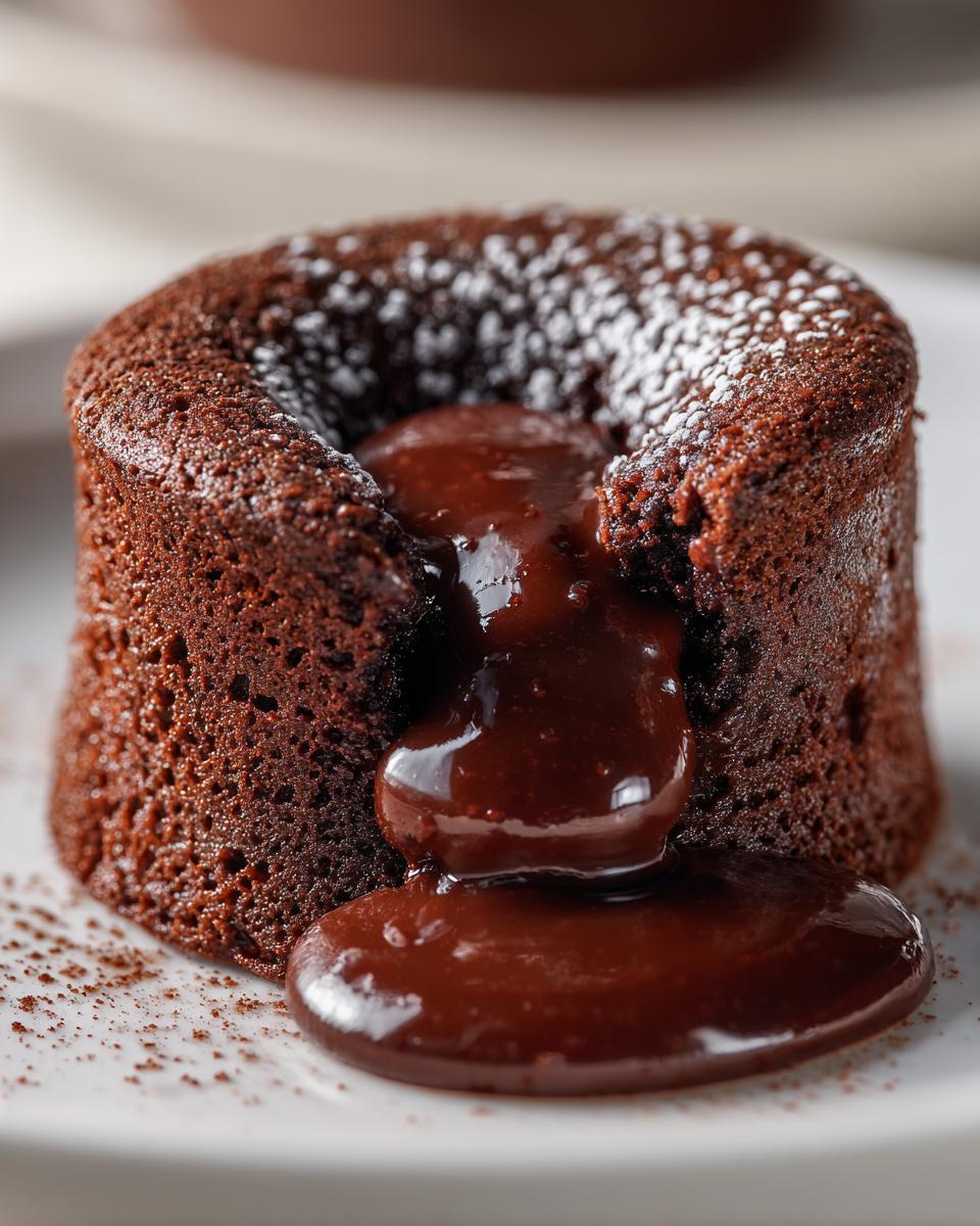 Close-up of a freshly baked chocolate lava cake with warm, molten center oozing out, dusted with powdered sugar.