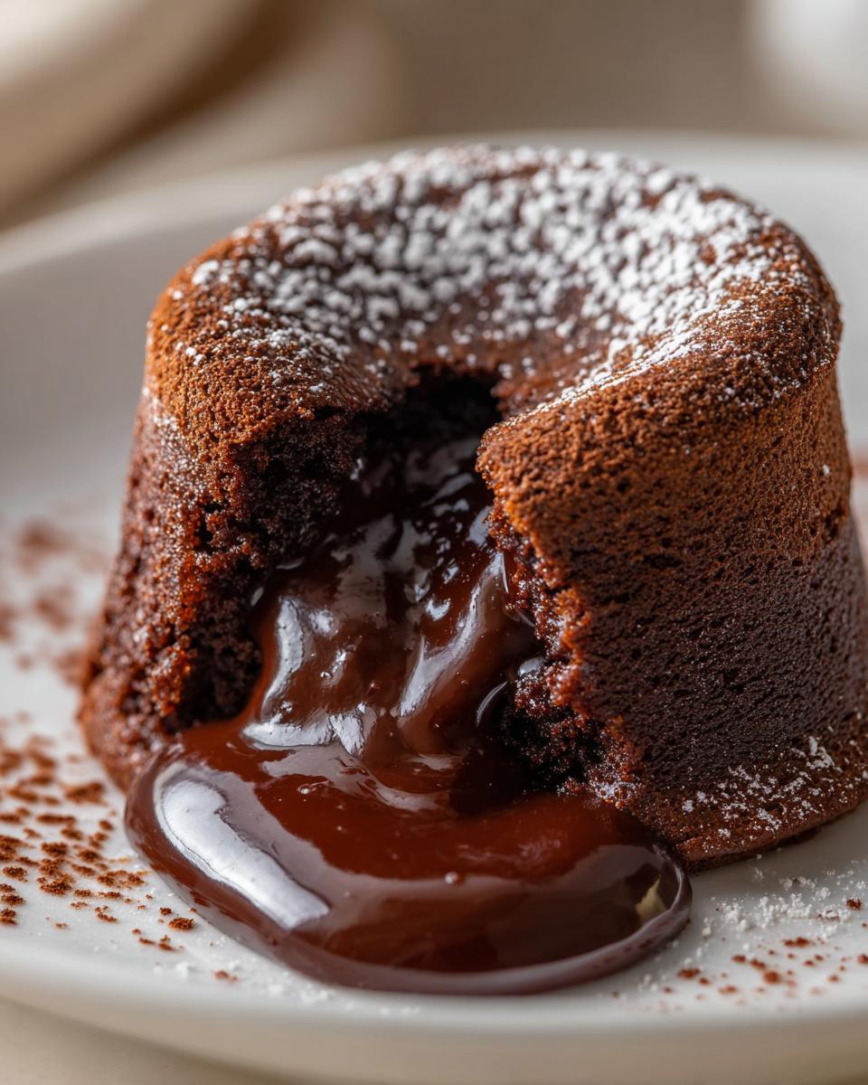 Close-up of a rich chocolate lava cake with molten center oozing out, dusted with powdered sugar.